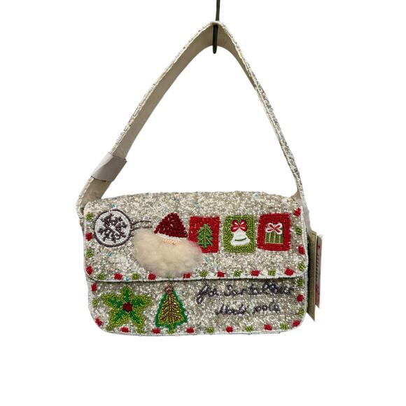 Viral Handcrafted Christmas Beaded Shoulder Bag Santa Holidays NWT Made in India - Picture 1 of 6